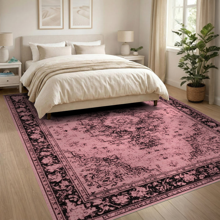 Pink Distressed Vintage Floral Medallion Rug