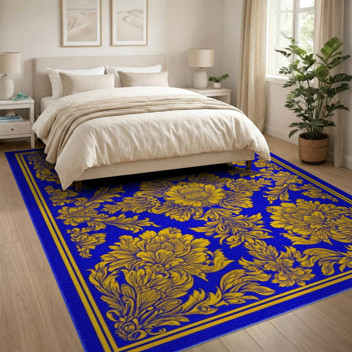Blue and Gold Floral Vintage Area Rug