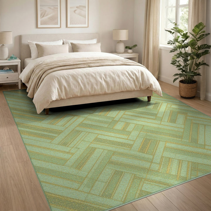 Green Geometric Area Rug with Gold Accents