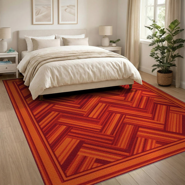 Red Herringbone Geometric Area Rug