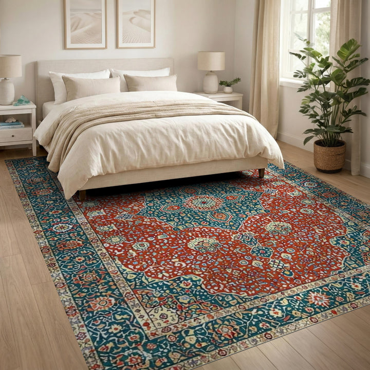 Red Traditional Persian Red Teal Persian Medallion Area Rug