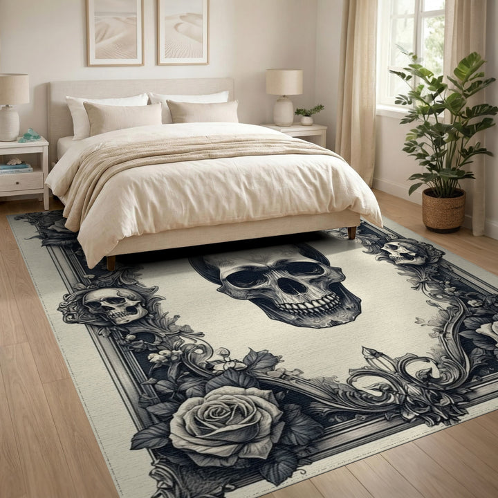 Distressed Vintage Skull Roses Black White Area Rug