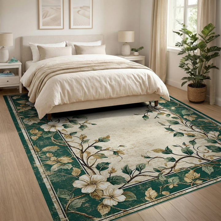 Green Floral Vintage Area Rug