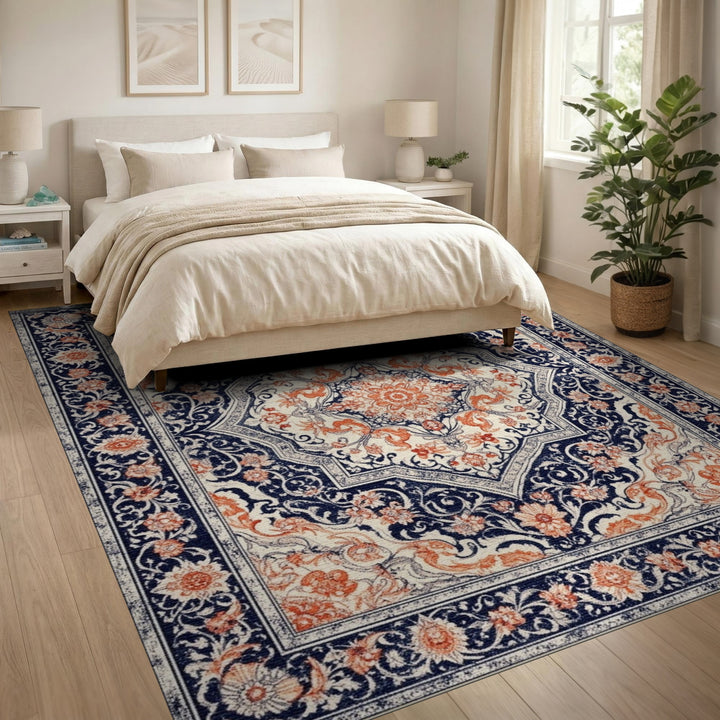 Navy Orange Traditional Persian Area Rug