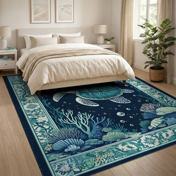 Blue Teal Sea Turtle Coastal Area Rug