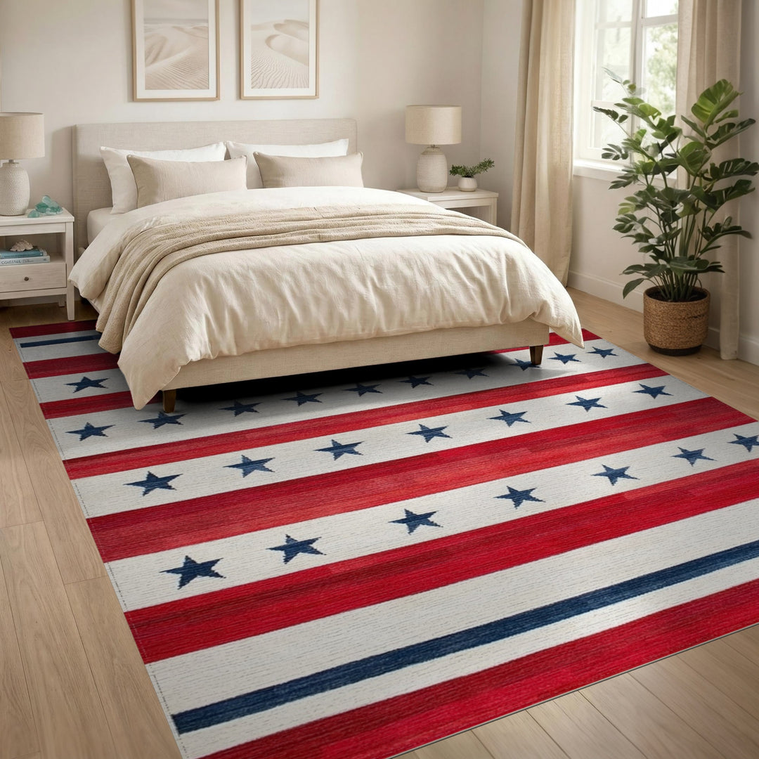 Red Striped Star Area Rug