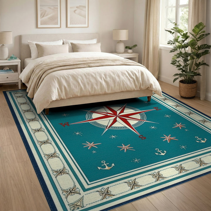 Teal Nautical Compass Area Rug