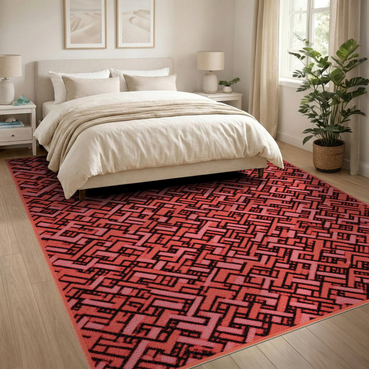 Maze Red Geometric Maze Area Rug
