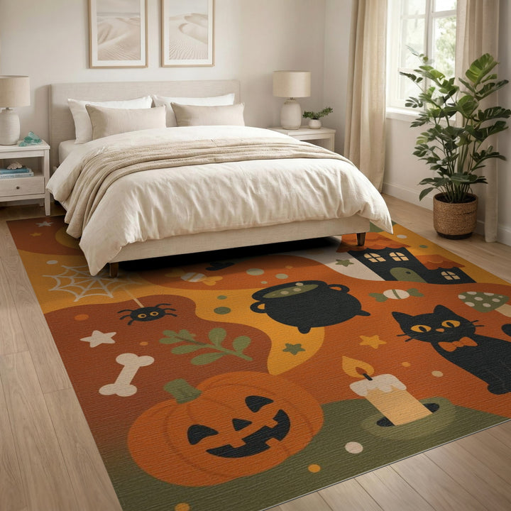 Multi-color and Patterns Halloween Black Cat Kids Cartoon Area Rug