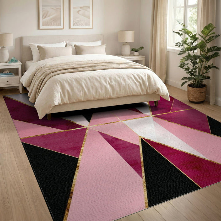 Geometric Modern Pink Geometric Area Rug with Gold Accents