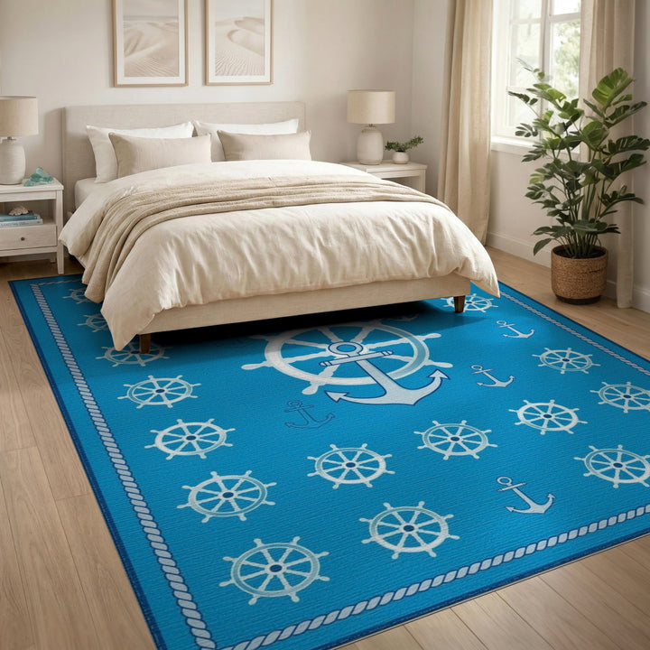 Blue Nautical Ship Wheel Anchor Area Rug