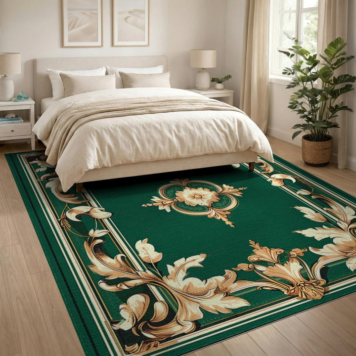 Ornate Gold Floral Medallion Green Area Rug