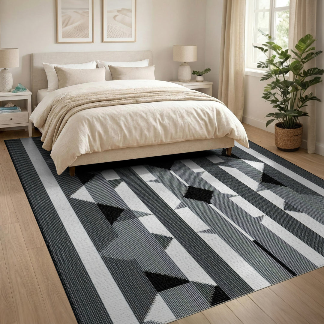 Black White Geometric Striped Area Rug