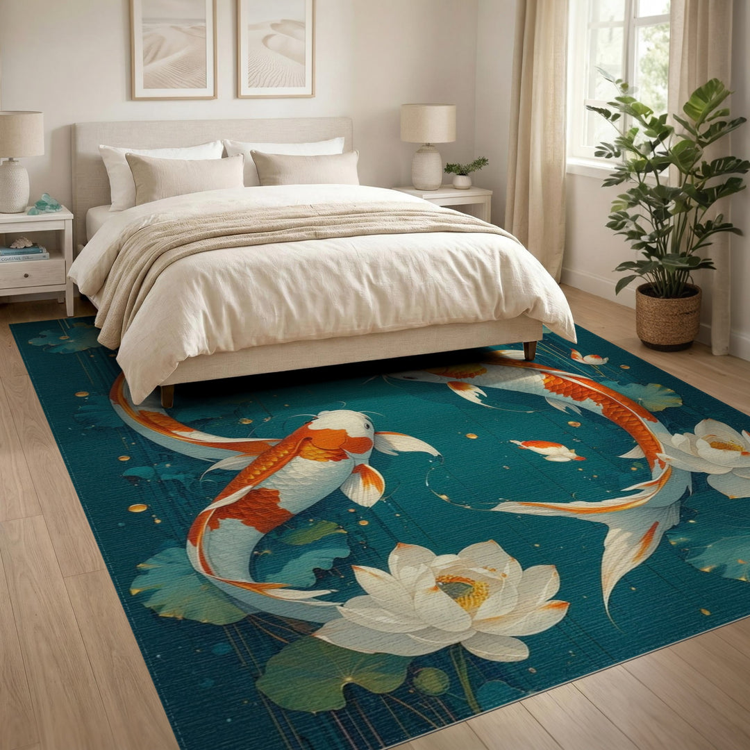 Koi Lotus Teal Washable Area Rug