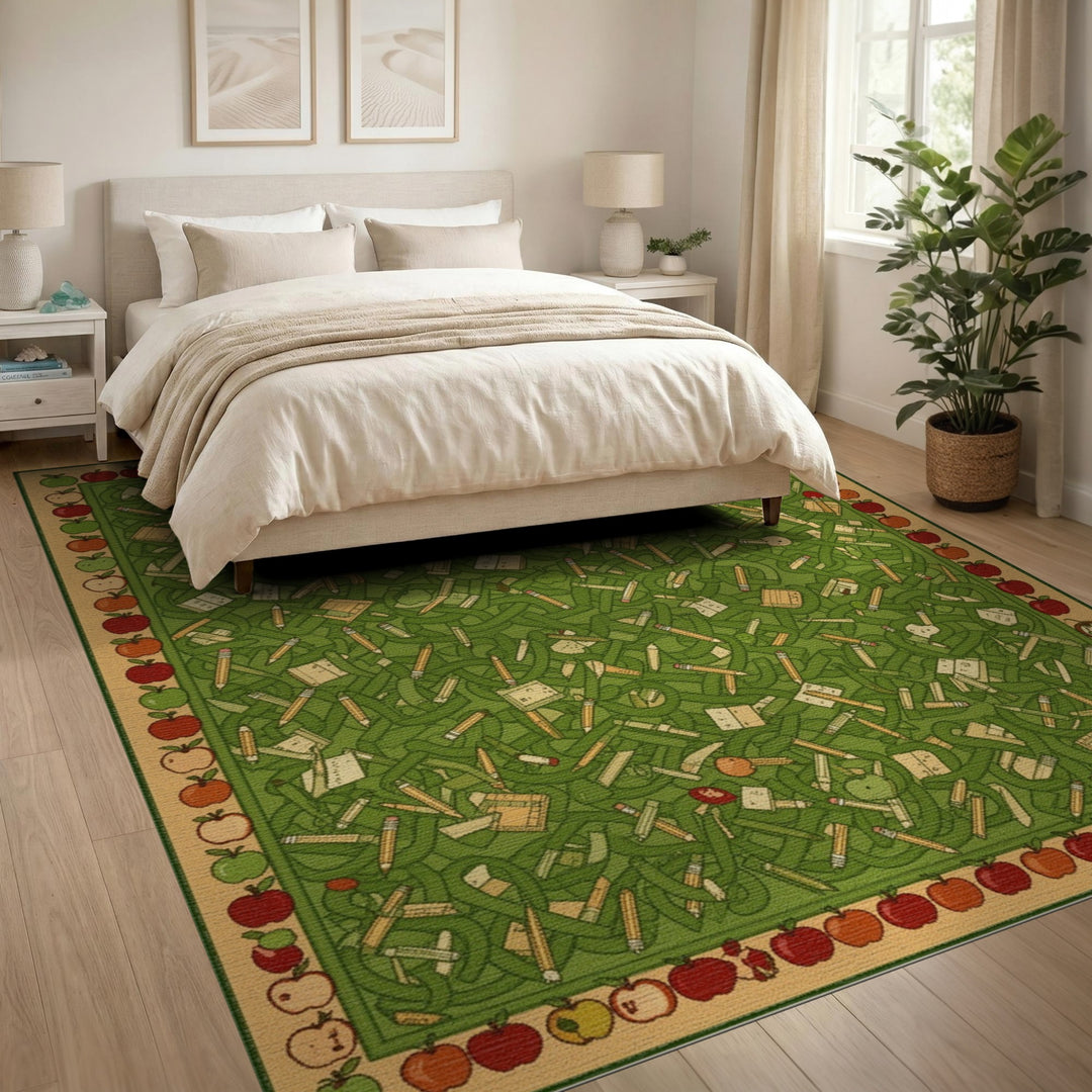 Green Apple Pencil Kids Area Rug