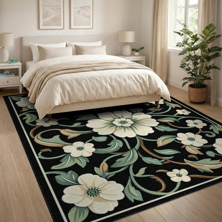 Black White Floral Vintage Area Rug