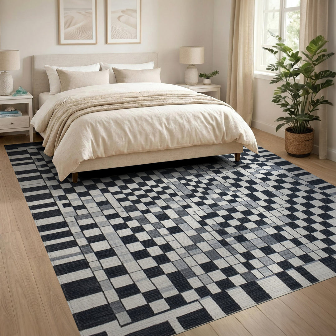 Checkered Black White Geometric Checkered Area Rug