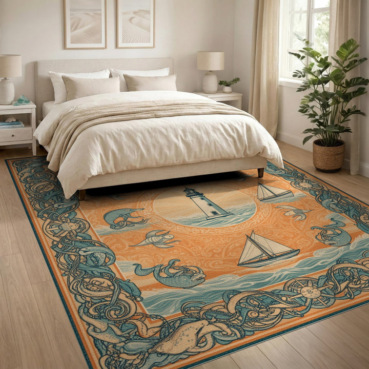 Coastal Lighthouse Octopus Area Rug