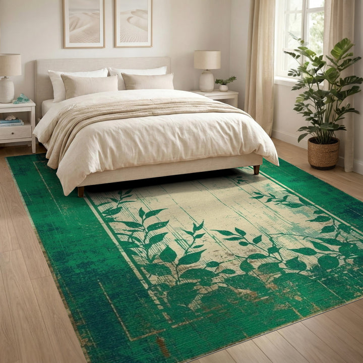 Distressed Vintage Green Distressed Vintage Leaf Area Rug