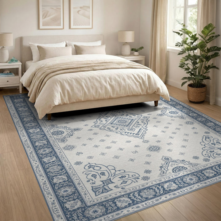Blue Persian Medallion Washable Area Rug