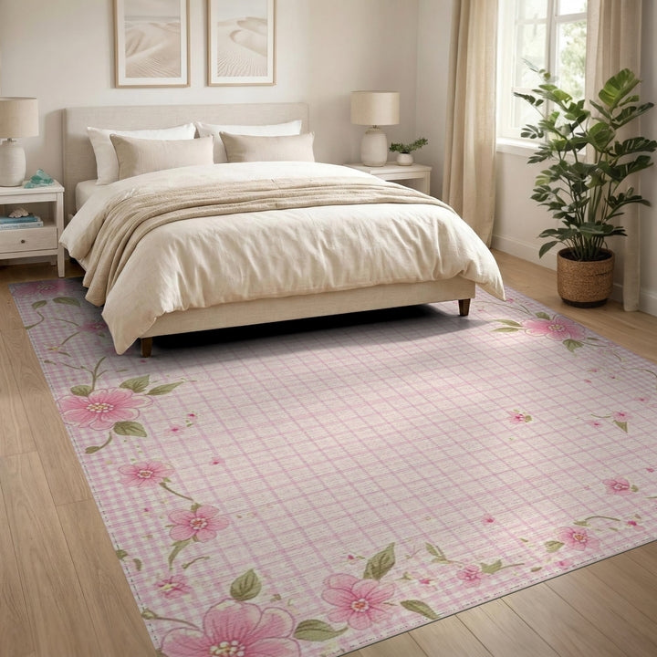 Pink Gingham Floral Washable Area Rug