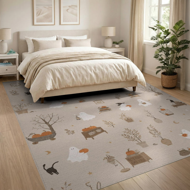 Cute Ghost Pumpkin Beige Area Rug