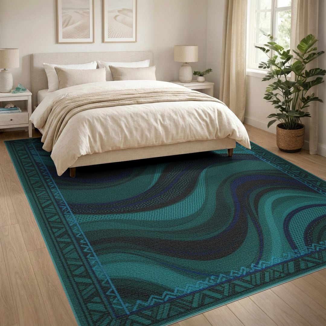 Teal Wave Abstract Area Rug