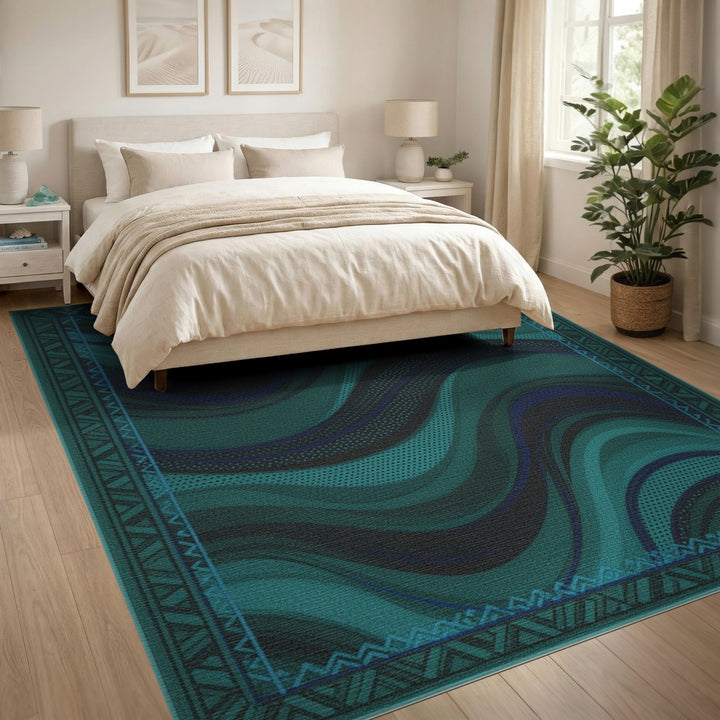 Teal Wave Abstract Area Rug