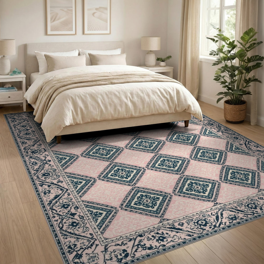 Pink Teal Diamond Floral Vintage Area Rug
