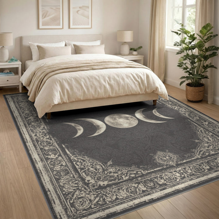 Moon Phases Black White Distressed Vintage Rug