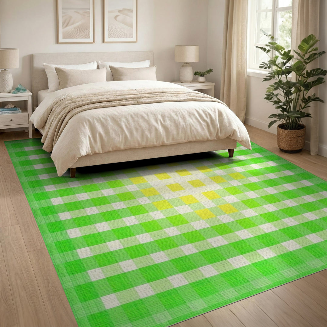 Green Checkered Geometric Green Area Rug