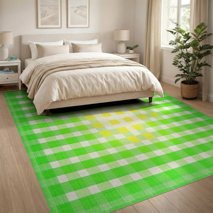 Green Checkered Geometric Green Area Rug
