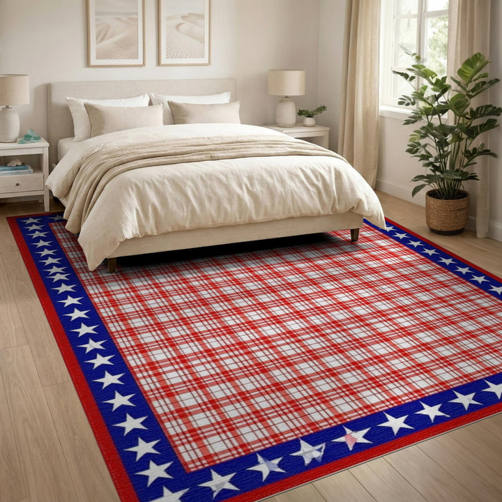 Red Plaid Rug with Blue Star Border