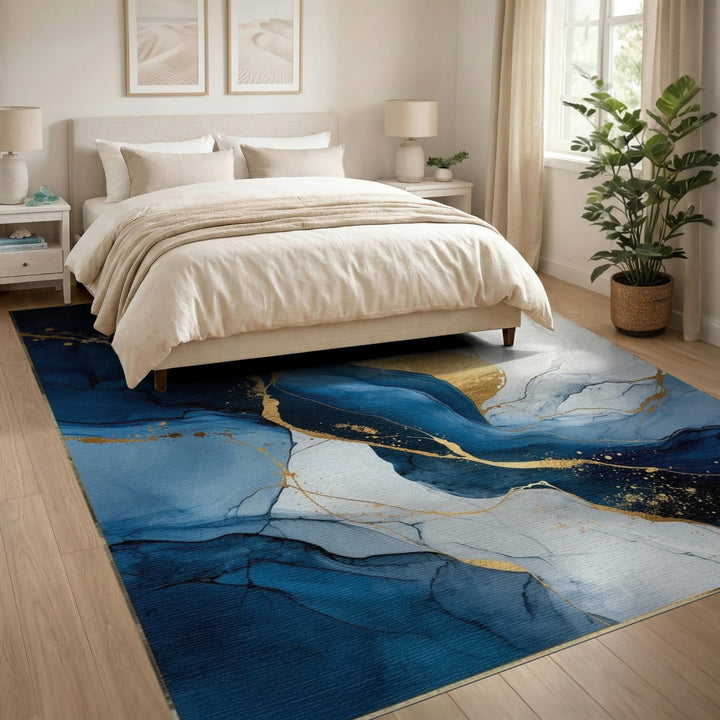 Blue and Teal Navy Blue Gold Marble Abstract Area Rug