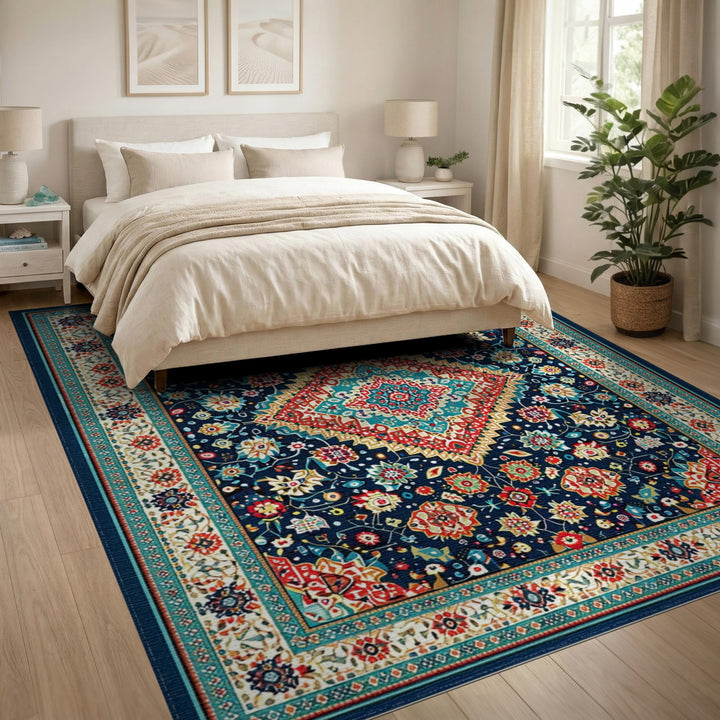 Navy Blue Teal Persian Medallion Area Rug