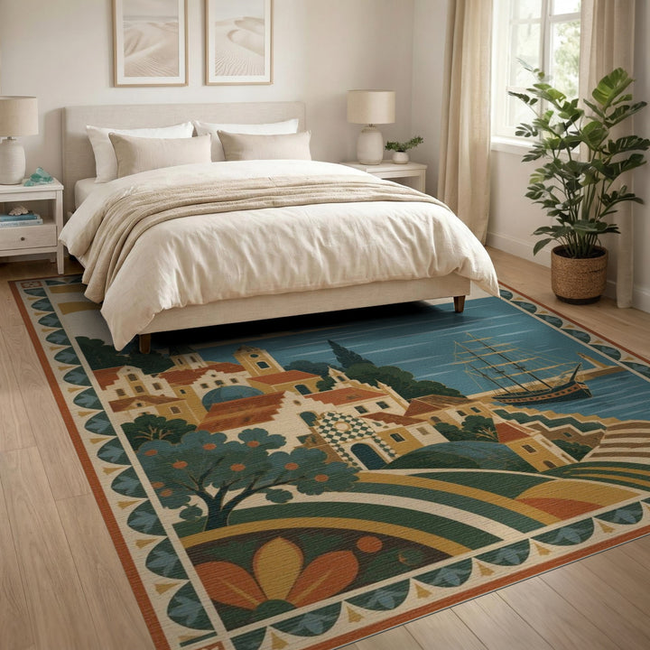 Coastal Mediterranean Harbor Area Rug