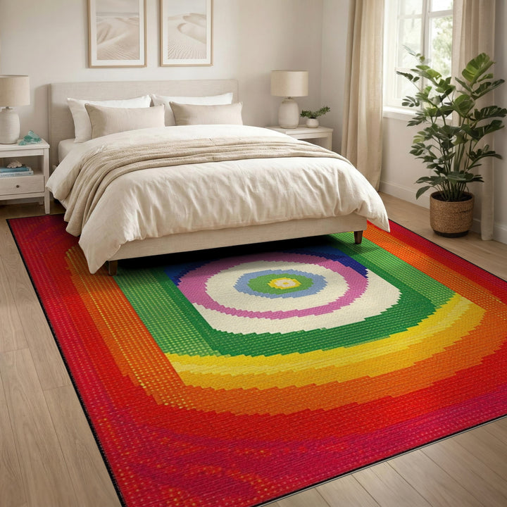 Vibrant Rainbow Concentric Square Area Rug