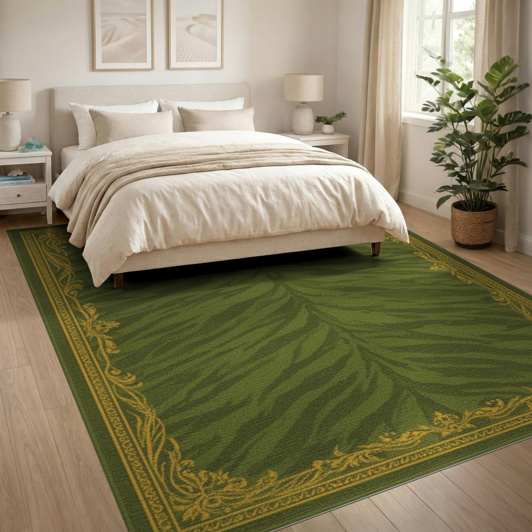 Green Tiger Stripe Area Rug with Gold Border