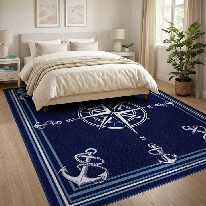 Navy Compass Anchor Coastal Area Rug