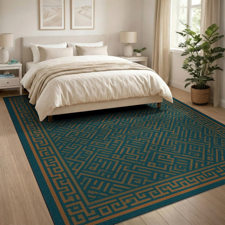 Blue and Teal Geometric Maze Area Rug