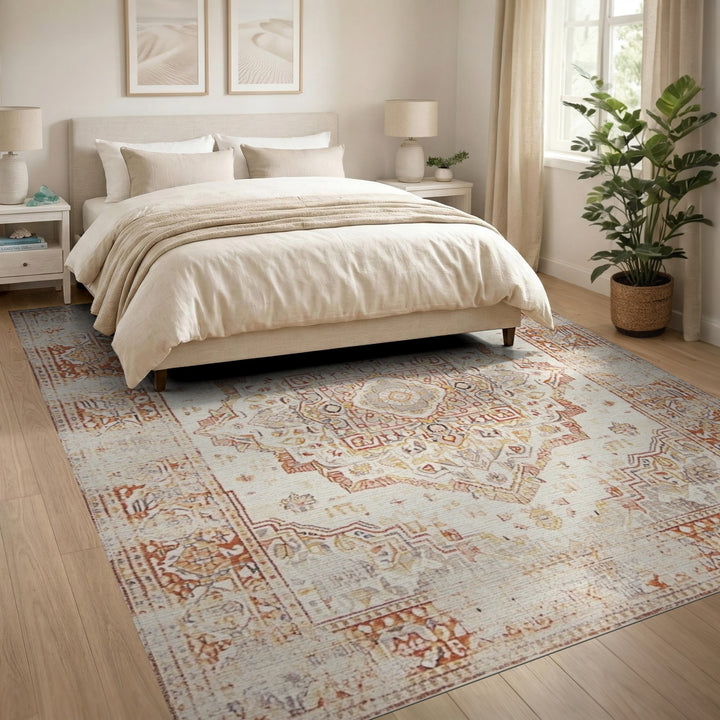 Beige and Neutral Distressed Vintage Beige Medallion Area Rug