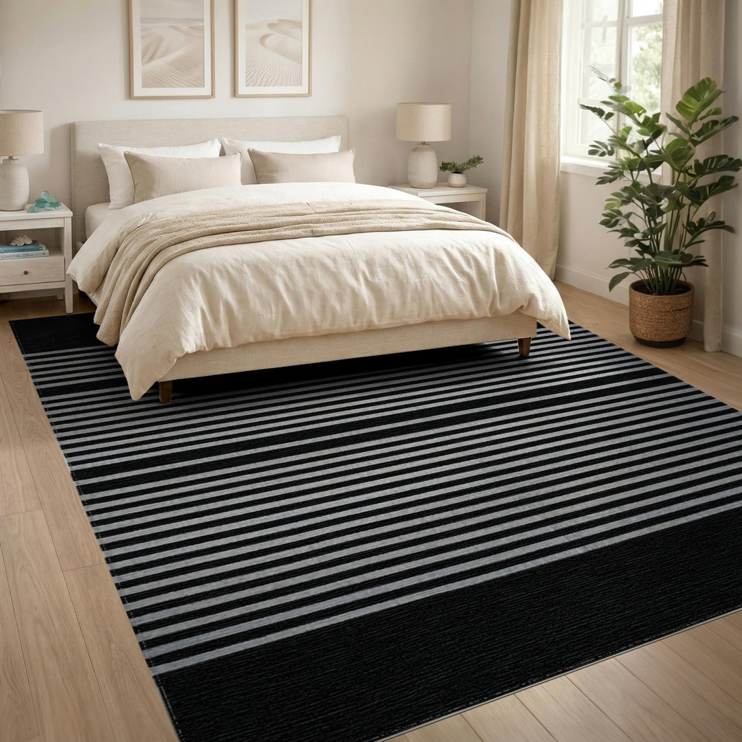 Black and Grey Striped Geometric Area Rug