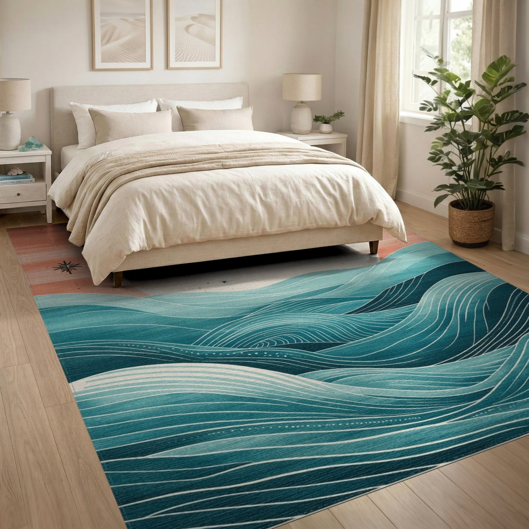 Teal Coastal Sunset Wave Area Rug