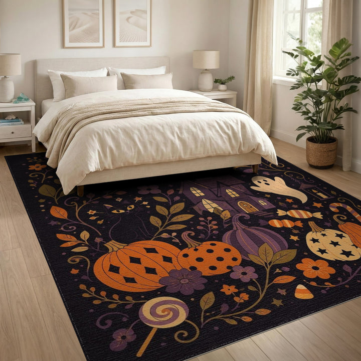 Multi-color and Patterns Kids Cartoon Spooky Halloween Haunted House Area Rug