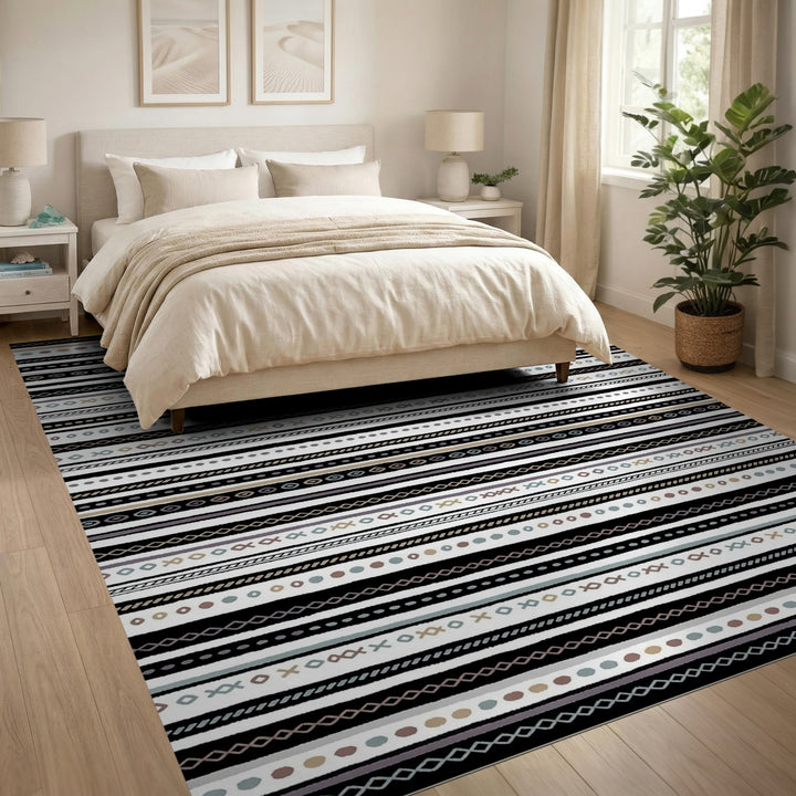 Black White Heritage Tribal Washable Area Rug