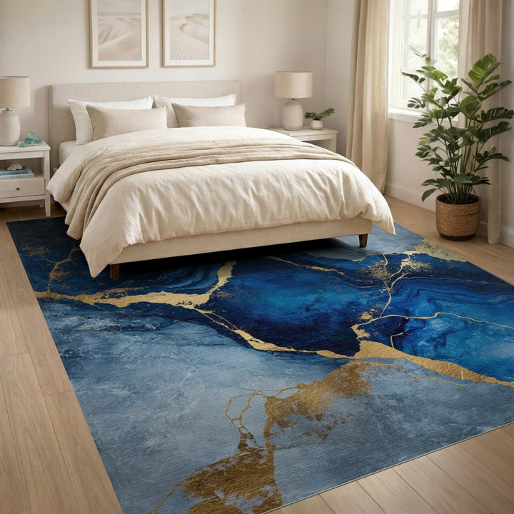 Blue Gold Abstract Marble Area Rug