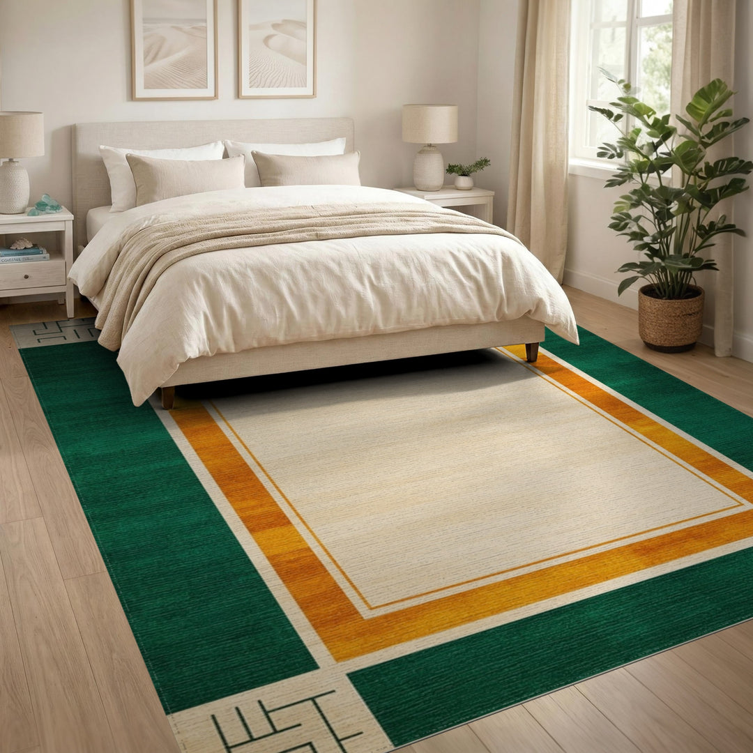 Green Geometric Area Rug with Orange Border