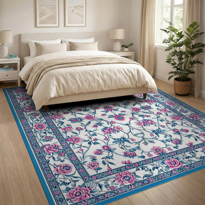 Blue and Teal Blue Pink Floral Vintage Area Rug