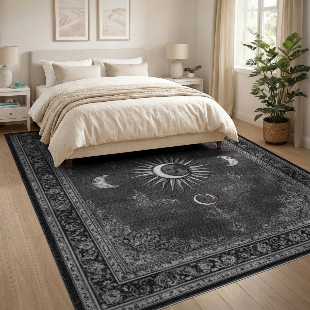 Black and White Celestial Sun Moon Black White Area Rug