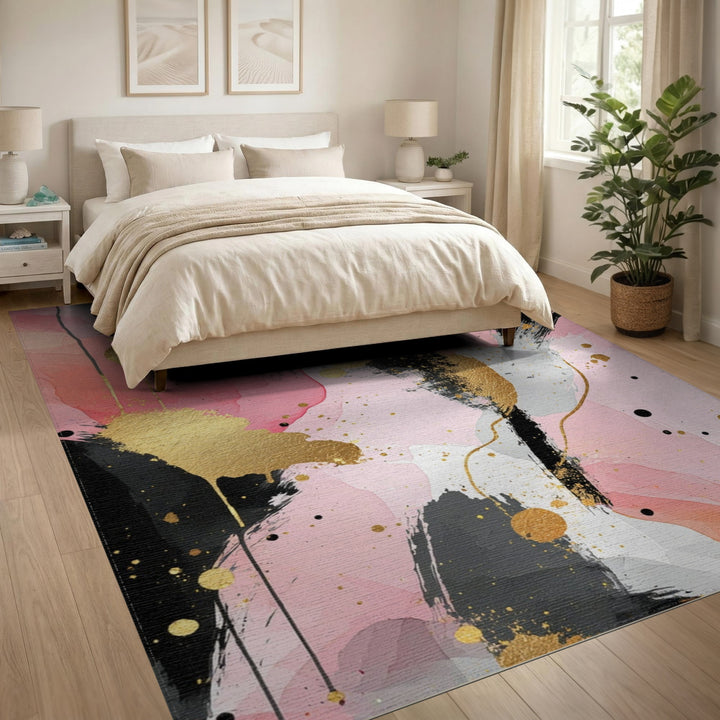 Pink Abstract Gold Splatter Area Rug